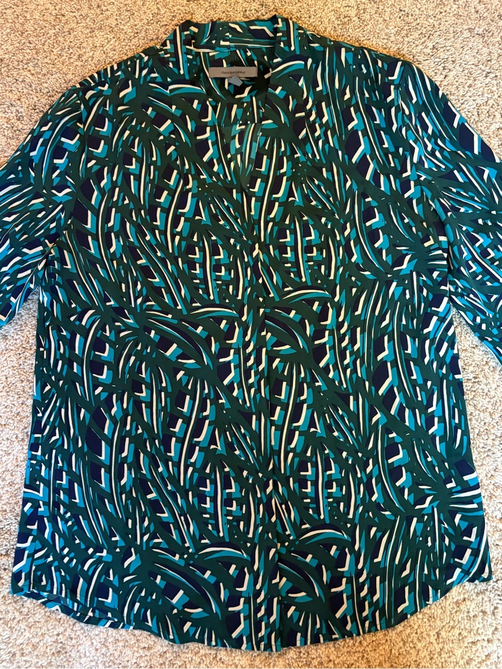 Classiques Entier Geometric Print 3/4 Sleeve Style Button Down Shirt, Size Small